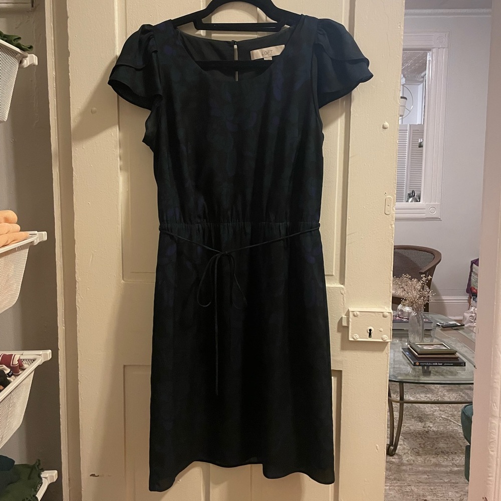 Blue and green floral tie waist dress